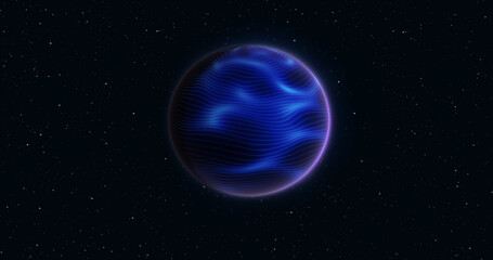 Fototapeta na wymiar Abstract realistic space spinning planet round sphere with a blue water surface in space against the background of stars