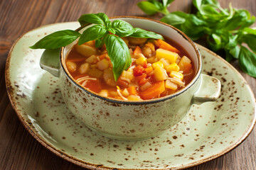 Homemade delicious minestrone soup with noodle