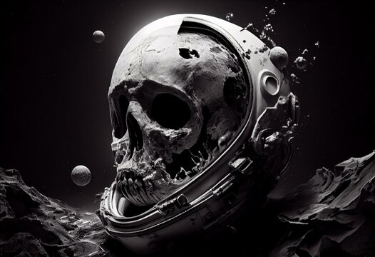 Astronaut Skull Dead Adrift Deep Space Exploration Sunlight Planet Moon Black an White Analogue Aesthetic Film Grain 3d illustration render. Generative AI