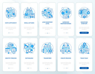 SMED system blue onboarding mobile app screen set. Lean manufacturing walkthrough 5 steps editable graphic instructions with linear concepts. UI, UX, GUI template. Myriad Pro-Bold, Regular fonts used