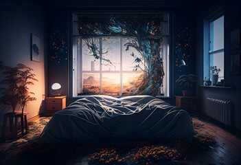 a bedroom with a bed and a large window in a digital rendering Generative AI