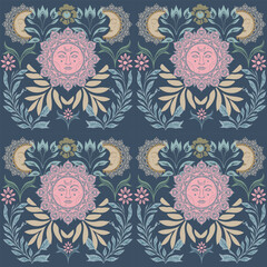 Bohemian seamless pattern with sun, and moon. Vintage style. Gypsy and folk motifs.
