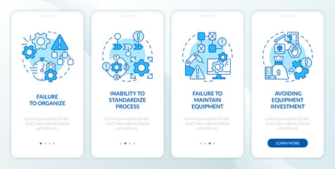 SMED failure factors blue onboarding mobile app screen. Walkthrough 4 steps editable graphic instructions with linear concepts. UI, UX, GUI template. Myriad Pro-Bold, Regular fonts used