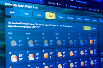 Weather forecast interface on a modern digital screen display showing hot weather for the July.Temperature is displayed in USA,North America area in Fahrenheit.Selective focus.