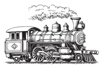 Retro steam locomotive on white background hand drawn sketch in doodle style illustration - obrazy, fototapety, plakaty