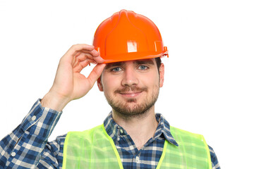Young man civil engineer in safety hat isolated on white background