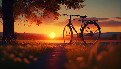 Naklejka na ściany i meble The bike stands on the field during sunset. Generative AI