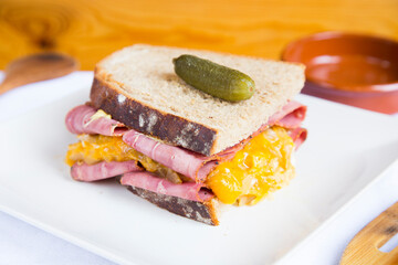 Delicious healthy pastrami sandwich with vegetables