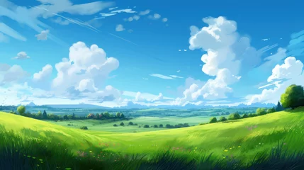 Gardinen Summer fields, hills landscape, green grass, blue sky with clouds, flat style cartoon painting illustration. Generative AI. © junghc1