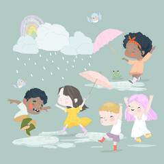 Cute Cartoon Kids enjoying and having fun the Rain