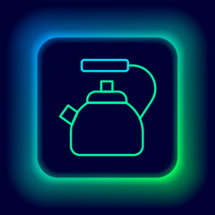 Obraz premium Glowing neon line Kettle with handle icon isolated on black background. Teapot icon. Colorful outline concept. Vector