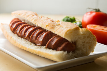 Hot dog Delicious sandwich with pork sausage. Frankfurt style. 