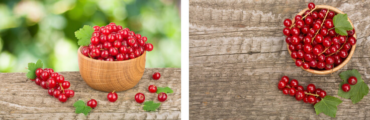 Red currant berries in wooden bowl on wooden table with blurry garden background