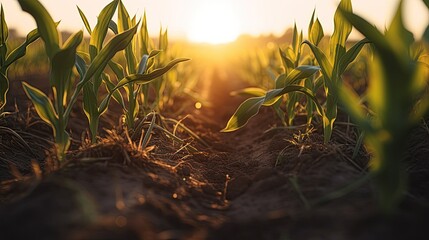 close-up, low-angle view at the row of corn stalks at sunrise, agriculture, generative AI