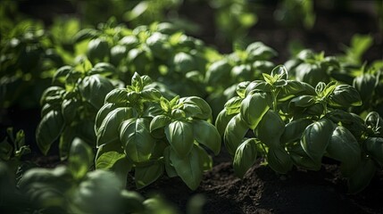 close up of basil growing in the soil, generative ai