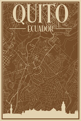 Obraz premium Colorful hand-drawn framed poster of the downtown QUITO, ECUADOR with highlighted vintage city skyline and lettering