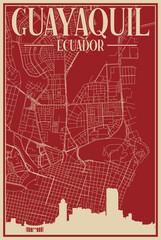 Colorful hand-drawn framed poster of the downtown GUAYAQUIL, ECUADOR with highlighted vintage city skyline and lettering