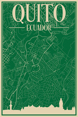 Colorful hand-drawn framed poster of the downtown QUITO, ECUADOR with highlighted vintage city skyline and lettering