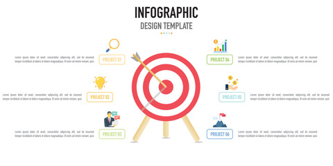 Infographic target business template or element as a vector including 6 step, process, project, with colorful rectangle and icons on white background for slide or presentation, modern, minimal, arrow