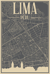 Colorful hand-drawn framed poster of the downtown LIMA, PERU with highlighted vintage city skyline and lettering