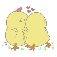 Cartoon illustration of a pair of cute yellow chicks in love
