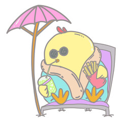 Illustration of cute yellow chick cartoon, sunbathing on the beach. Suitable for stickers, animated characters, logos, icons, key chains, souvenirs