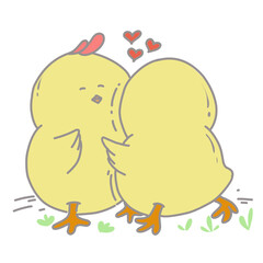 Cartoon illustration of a pair of cute yellow chicks in love. Suitable for stickers, animated characters, logos, icons, key chains, souvenirs