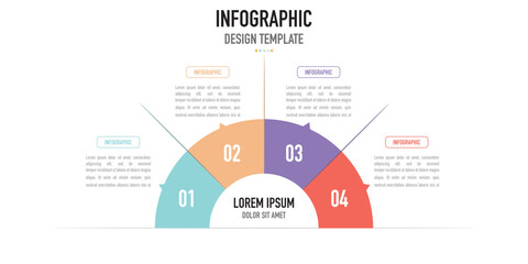 Semi circular infographic business template or element including 4 step or process, with colorful round rectangle and text on white background for slide or presentation, modern, minimal, simple style