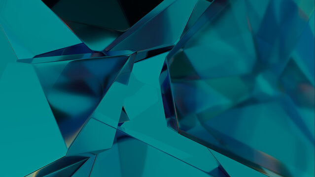 Futuristic Abstract Background, with Reflective Glass Fragments. Vibrant, Teal and Blue 3D Render. 