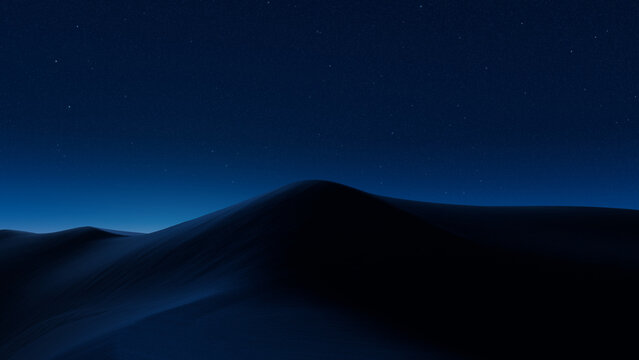 Dawn Landscape, with Desert Sand Dunes. Surreal Contemporary Background with Blue Gradient Starry Sky