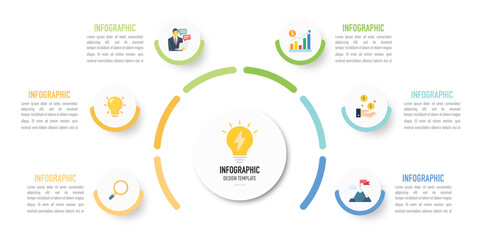 Semi circular infographic business template or element as vector including 6 connected step, process with colorful label, icons on white background for slide, presentation, simple modern minimal style