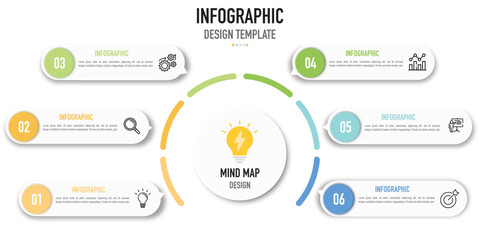 Semi circular infographic business template or element as vector on white background with colorful label, icon, for presentation, simple, minimal, modern style, mind map, roadmap, light bulb, timeline