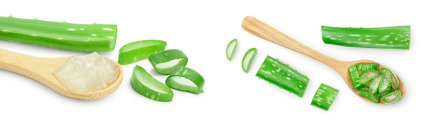 Aloe vera sliced in wooden spoon isolated on white background. Top view. Flat lay