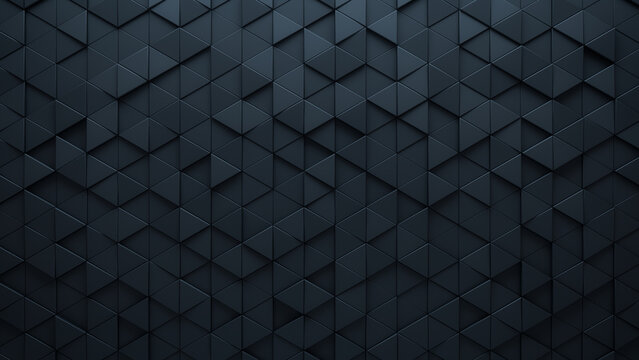3D Tiles arranged to create a Futuristic wall. Triangular, Black Background formed from Polished blocks. 3D Render