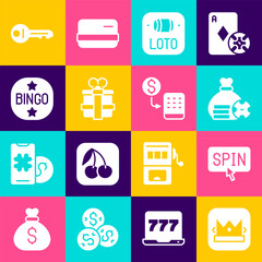 Set King playing card, Slot machine spin button, Money bag, Lottery ticket, Gift box, Bingo, Old key and Casino chips exchange icon. Vector