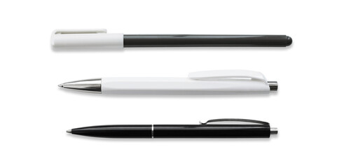 Ballpoint pen isolated in transparent PNG, top view of three pens, business office desk design...