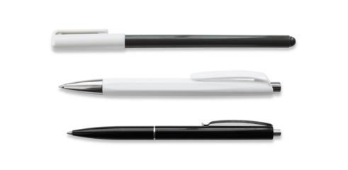 Ballpoint pen isolated in transparent PNG, top view of three pens, business office desk design element