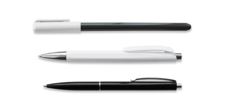 Ballpoint pen isolated in transparent PNG, top view of three pens, business office desk design element