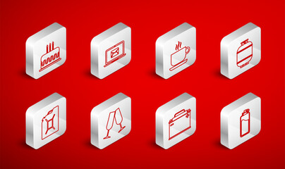 Set line Sport bottle with water, Laptop envelope, Coffee cup, Propane gas tank, Car battery, Cake burning candles, Glasses champagne and Canister for gasoline icon. Vector