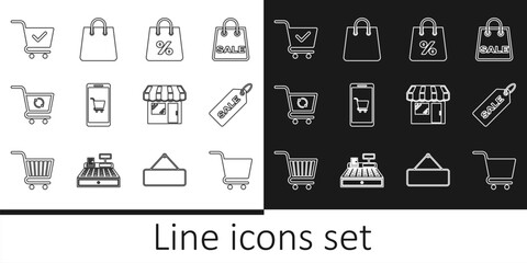 Set line Shopping cart, Price tag with Sale, bag percent, Mobile and shopping, Refresh, check mark, Market store and Handbag icon. Vector