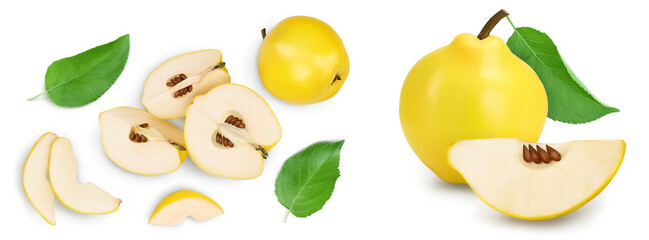 Fresh quince with half and slices isolated on the white background and full depth of field. Top view. Flat lay