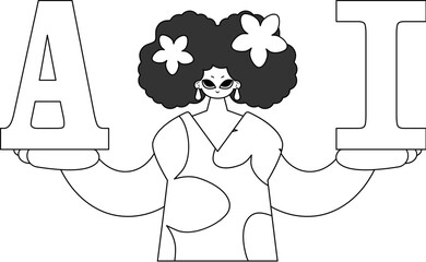 In her hands, the girl holds the letters AI, symbolizing Artificial Intelligence, in a vector linear style