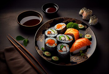 A plate of sushi with a plate of sushi on it. Generative AI