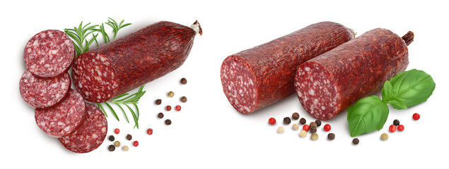 Smoked sausage salami with slices isolated on white background with  full depth of field. Top view....