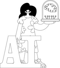 Girl holding AI model, illustrated in linear vector style