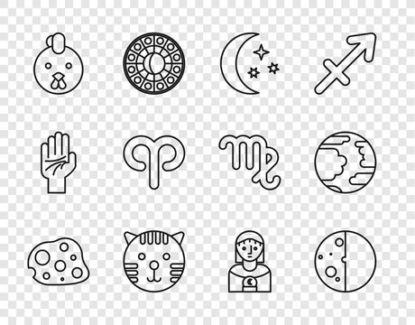 Set line Asteroid, Eclipse of the sun, Moon and stars, Tiger zodiac, Rooster, Aries, Astrology woman and Planet Mercury icon. Vector