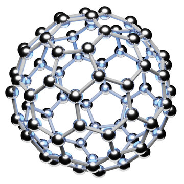 Model of a Fullerene Molecule, isolated allotrope of carbon atoms, round sphere with hexagonal structure, molecular 3D illustration, chemistry or scientific research
