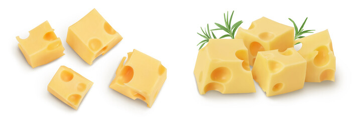 cubes of cheese isolated on white background . Top view. Flat lay