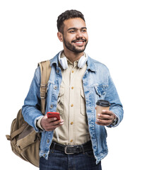 Young handsome man with backpack holding smart phone and coffee isolated transparent PNG, Smiling...