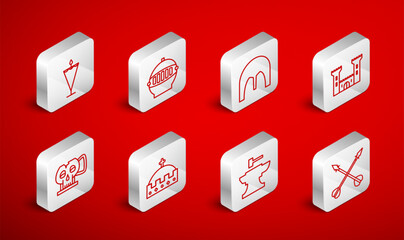 Set line Medieval crossed arrows, iron helmet, Castle, Anvil for blacksmithing hammer, flag, King crown and Cup from the skull icon. Vector